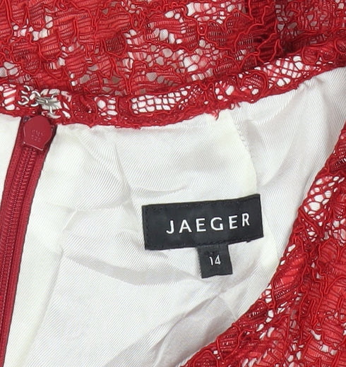 Jaeger Women Red Lace Sheath Dress Size 14 Knee Length Formal