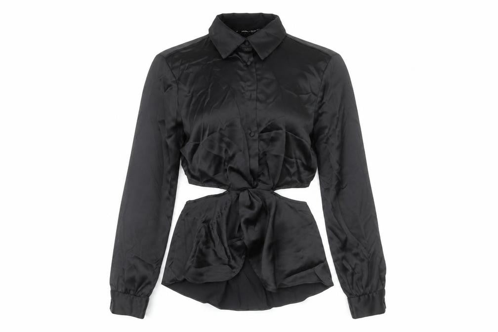Zara Women Black Satin Cropped Button-Up Shirt Size S