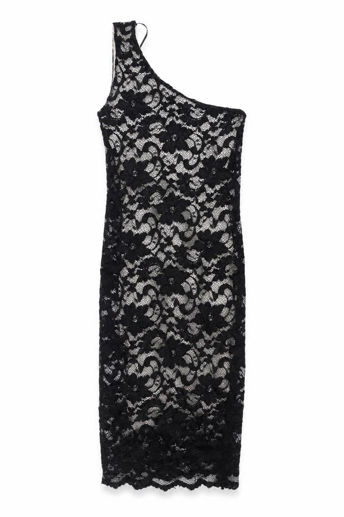 Front view of ASOS Petite Women’s Black Lace One Shoulder Bodycon Mini Dress, size UK 8