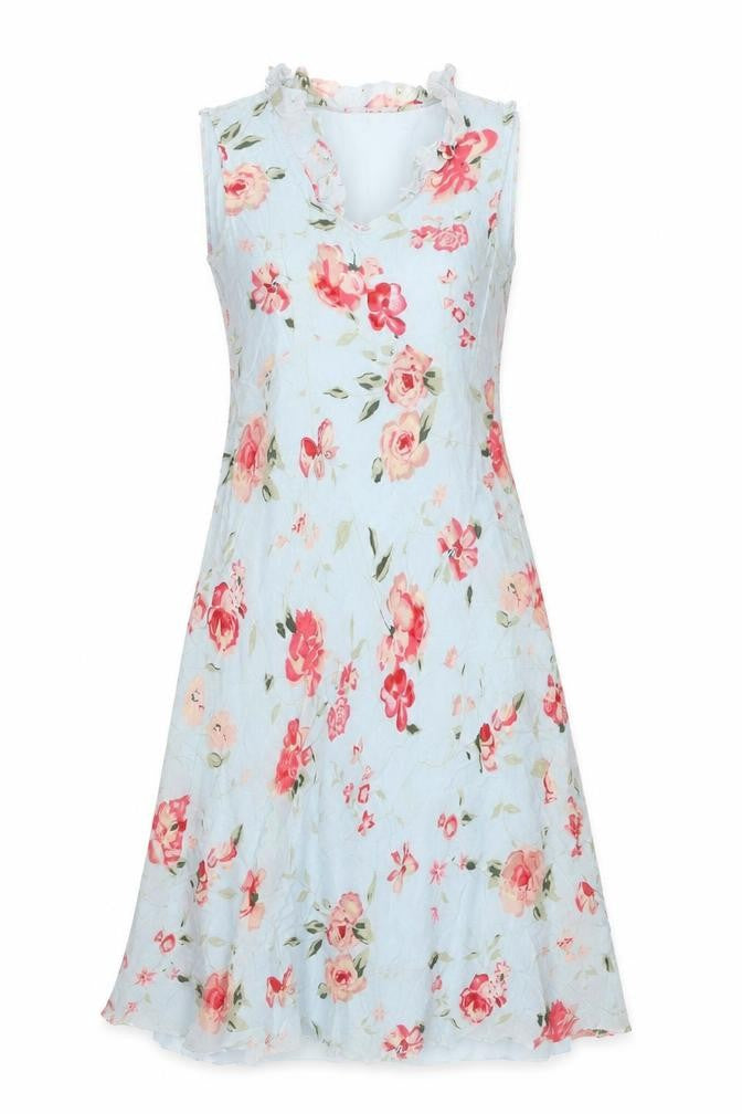 Front view of Jeff & Co Women’s Blue Floral Midi A-Line Sleeveless Dress UK 12
