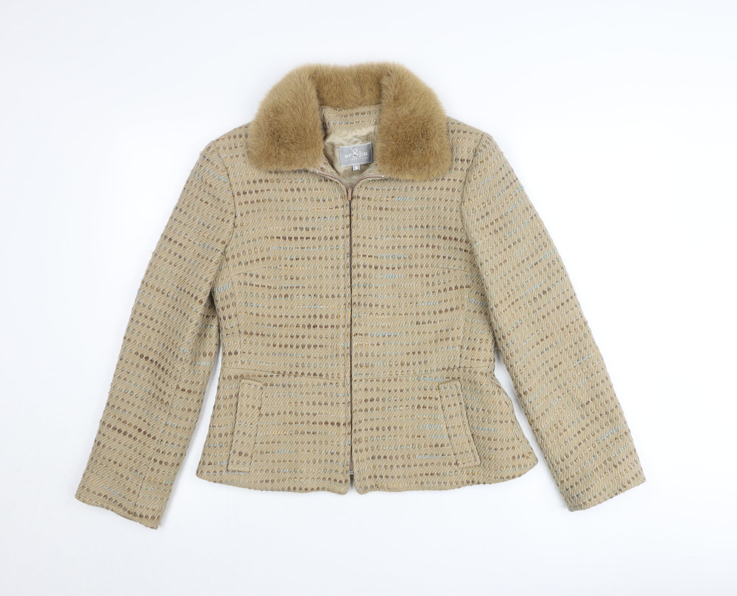 SF&Co International Womens Beige Fur Collar Tweed Jacket Size S