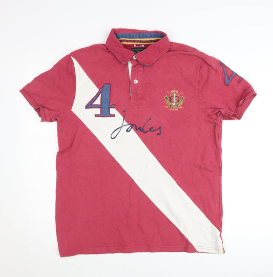 Joules Men’s Red Cotton Polo Shirt Size L Embroidered Sports Crest