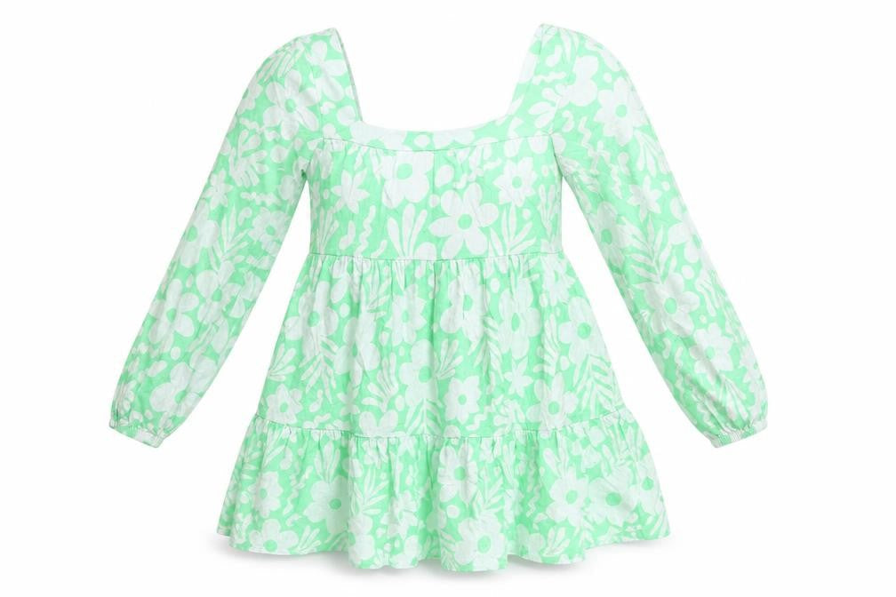 Front view of ASOS Women’s Green Floral Smock Dress, size UK 8, Long Sleeve Square Neck
