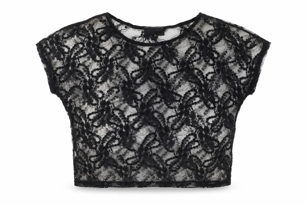 Warehouse Womens Black Lace Beaded Crop Blouse Size 8