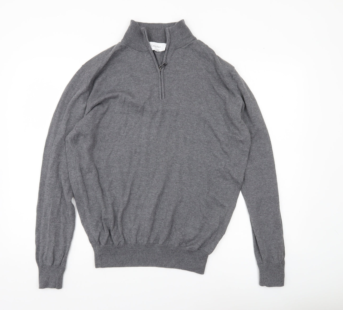 Calvin Klein Mens Grey L 1/4 Zip Mock Neck Golf Jumper Cotton Blend