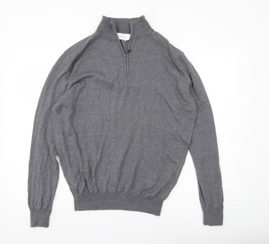 Calvin Klein Mens Grey L 1/4 Zip Mock Neck Golf Jumper Cotton Blend