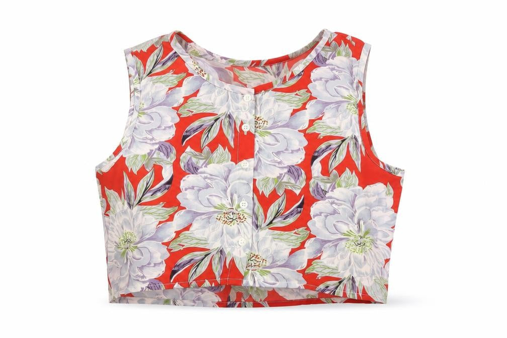 Brave Soul Womens Red Floral Cropped Sleeveless Blouse Size S