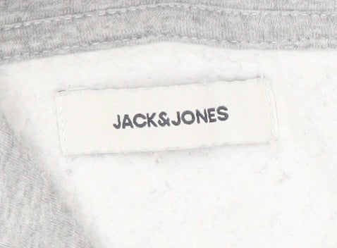 Jack & Jones Men's Grey Pullover Hoodie L Logo Print Cotton Blend