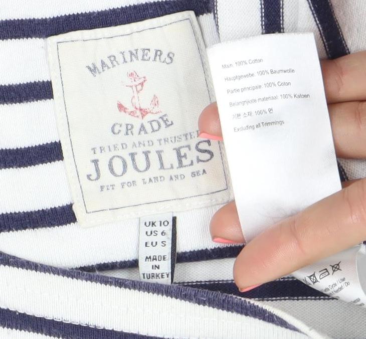 Joules Women’s White Navy Striped 3/4 Sleeve Boat Neck Cotton Top Size 10