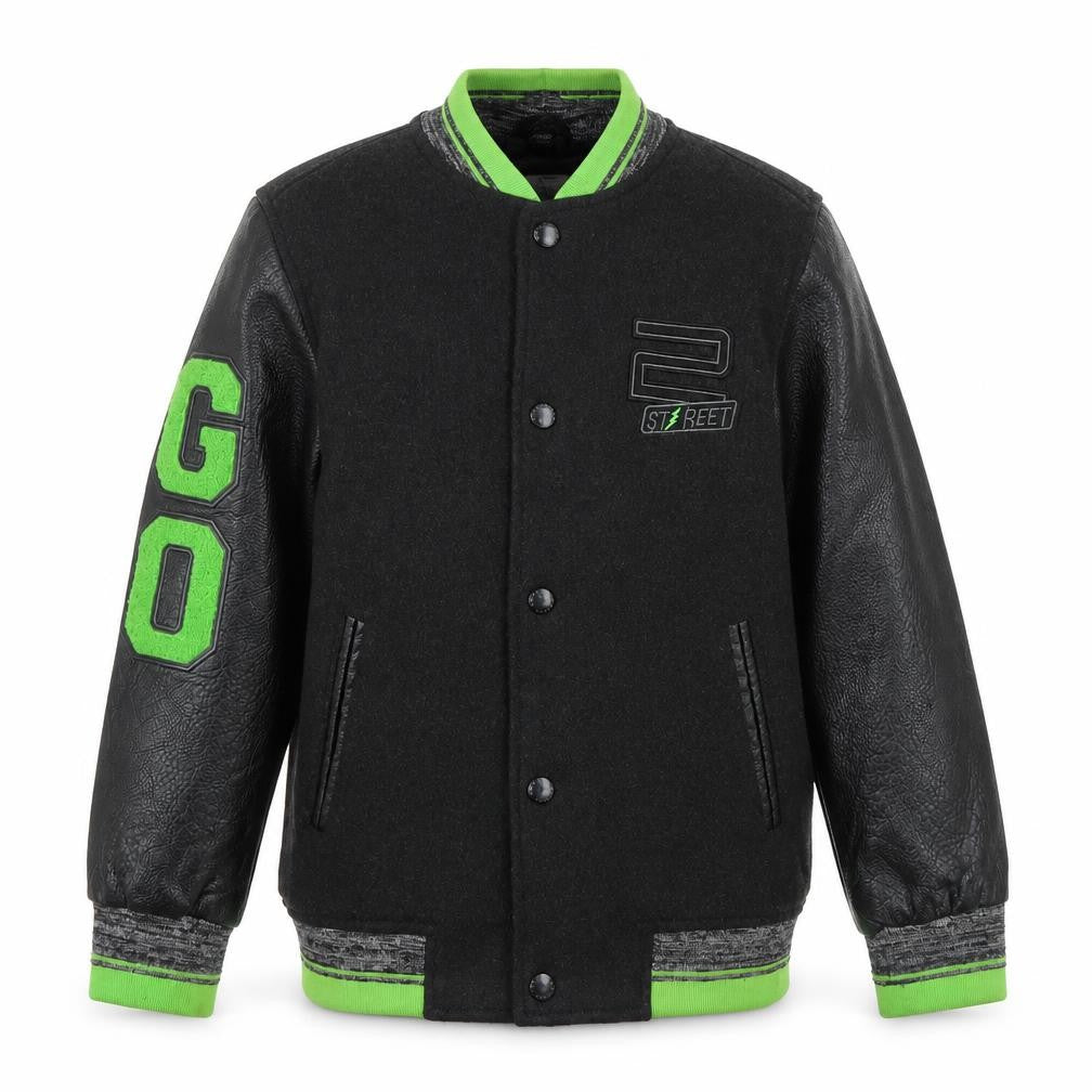 Front view of Breakout Kids boys’ black varsity jacket 8-9 years wool blend winter
