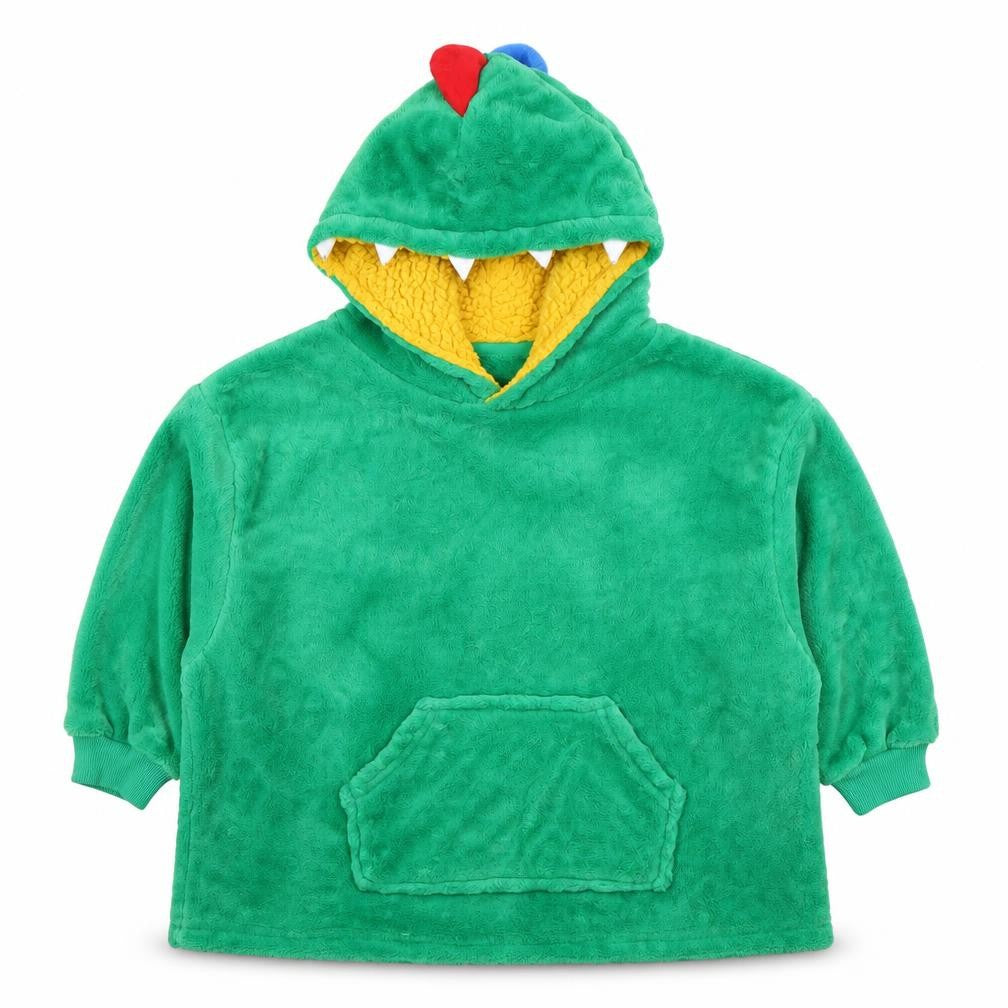 Front view of Primark boys’ green dinosaur fleece hoodie xs pullover winter hooded fun