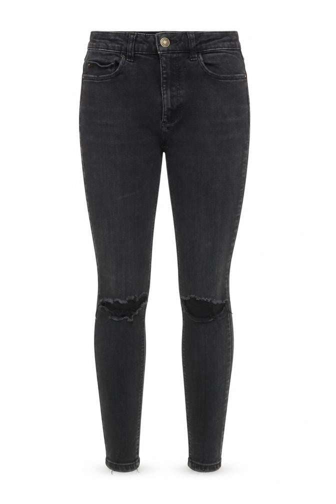 Front view of Denim Co. women’s black skinny jeans, size UK 10, distressed slim fit