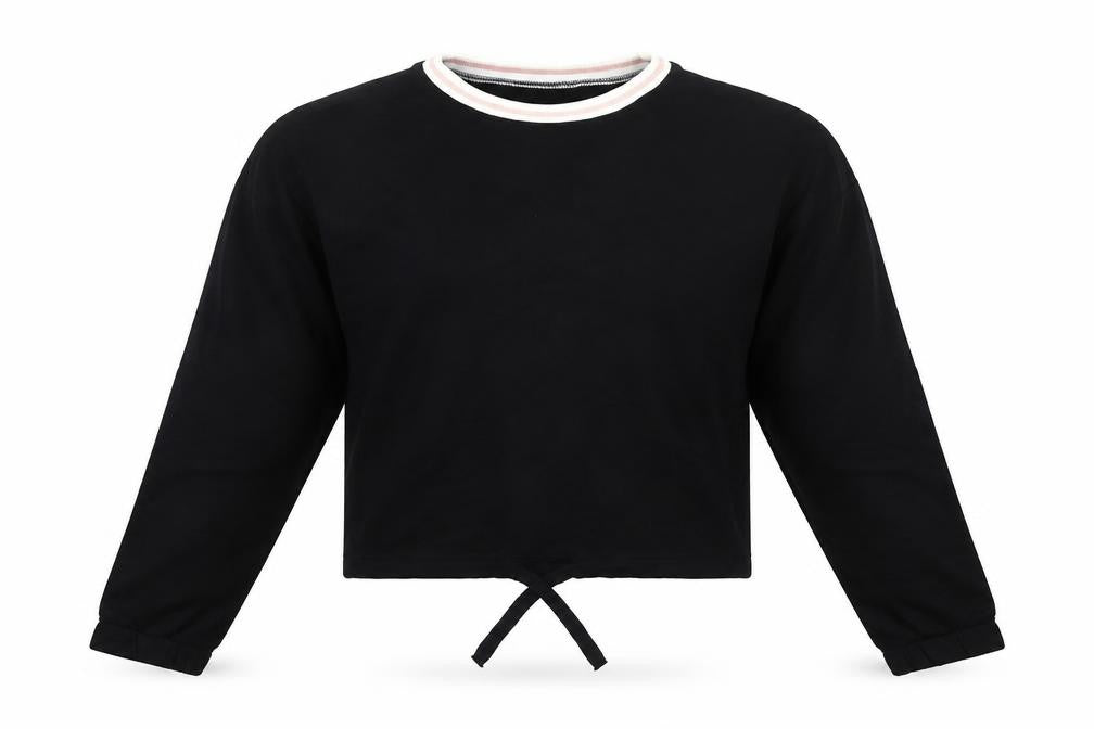 Front view of H&M girls’ black cotton cropped long sleeve t-shirt 13-14y crew neck