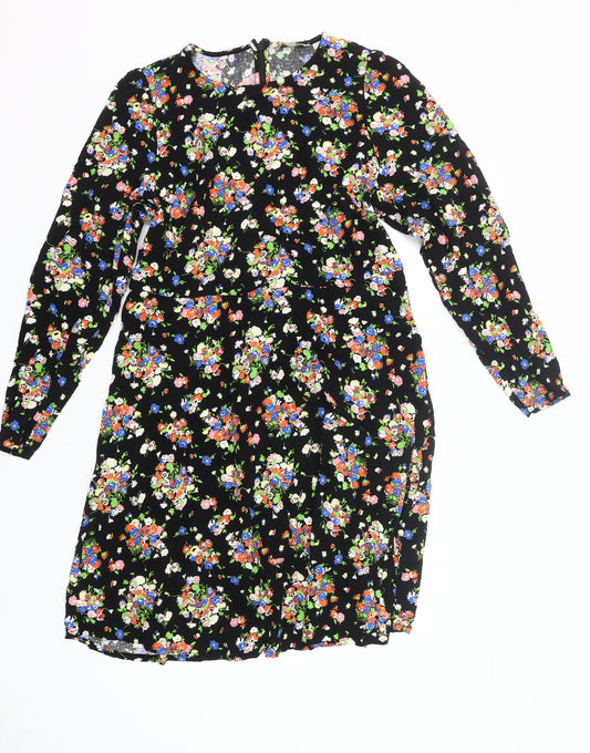 Boden Women’s Black Floral Shift Dress Size 16 Long Sleeve Knee Length