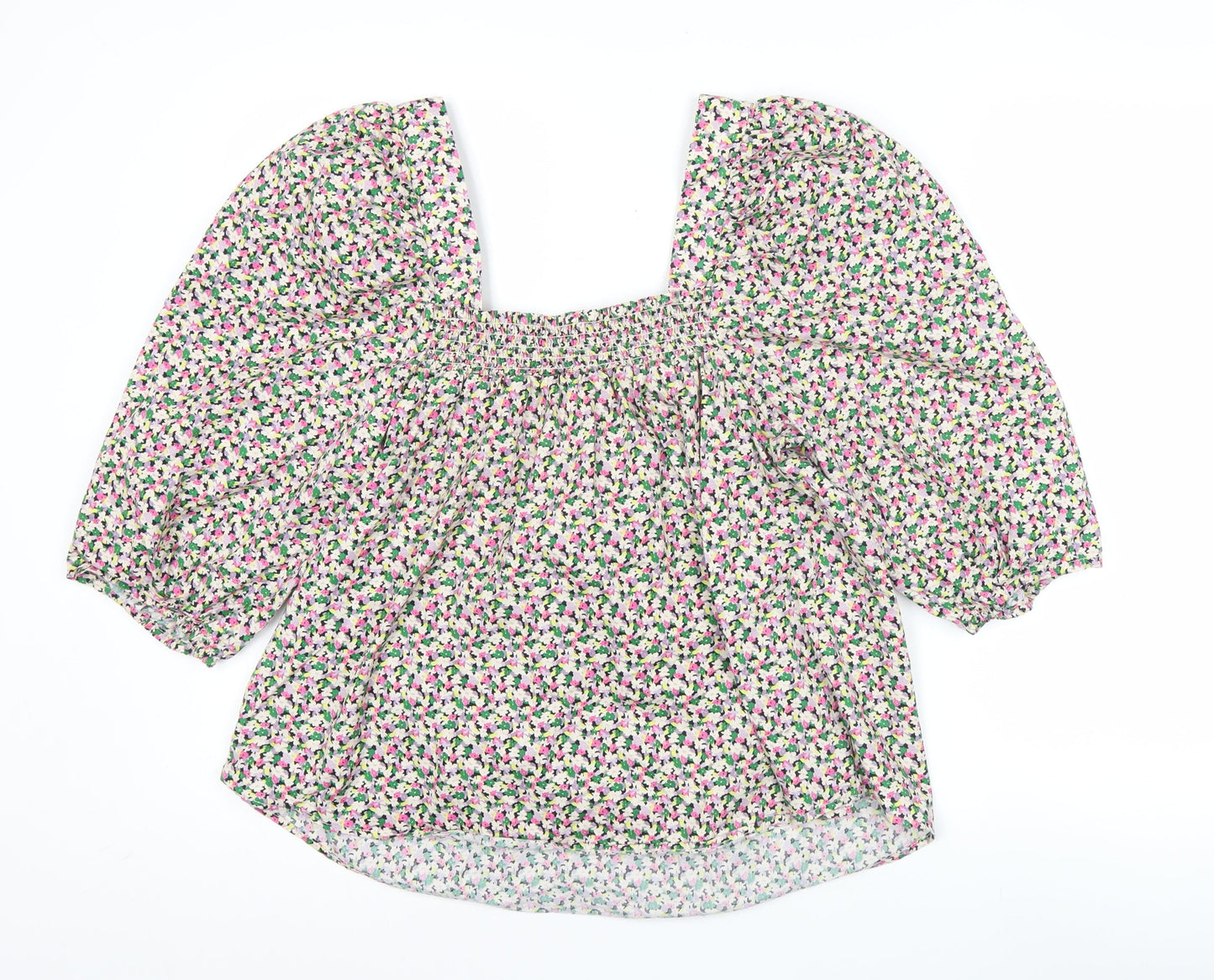 H&M Women’s Multicoloured Floral Cotton Blouse L Puff Sleeve