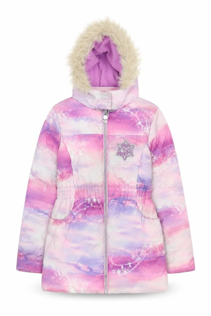 Front view of Disney Frozen girls’ pink purple puffer jacket coat age 11 years hooded