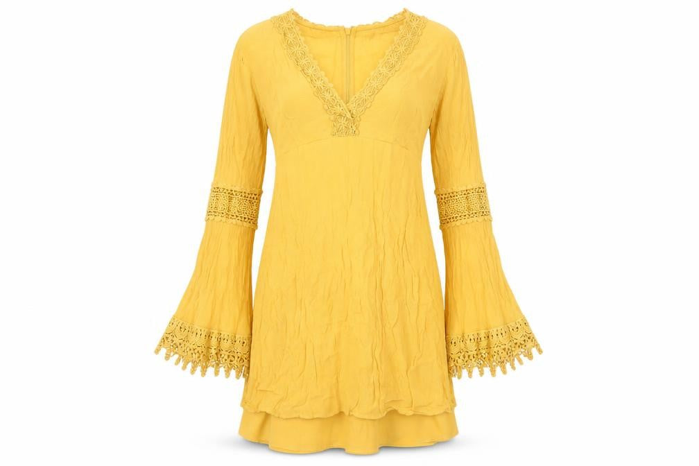 ASOS Womens Yellow Viscose Shift Dress Size 8 Boho Crochet Long Sleeve