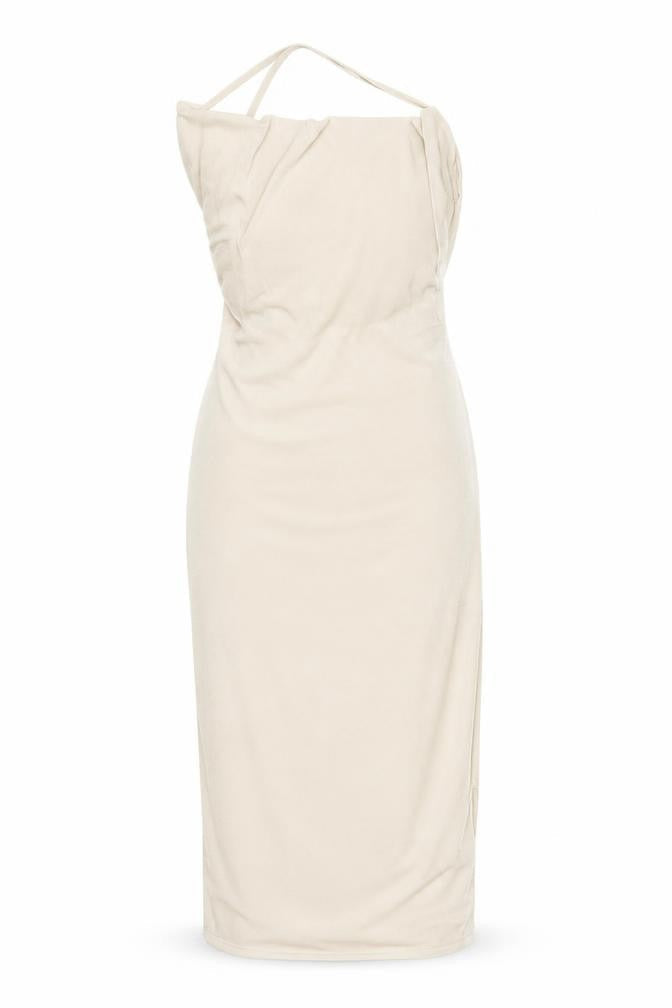 Pink Vanilla Women’s Beige Bodycon Midi Dress Size 6 Ruched