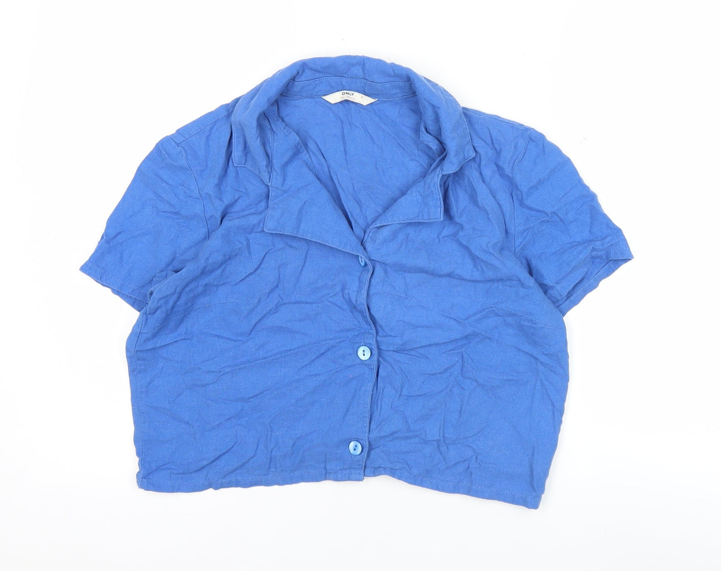 ONLY Womens Blue Cropped Button-Up Shirt Linen Blend Size S