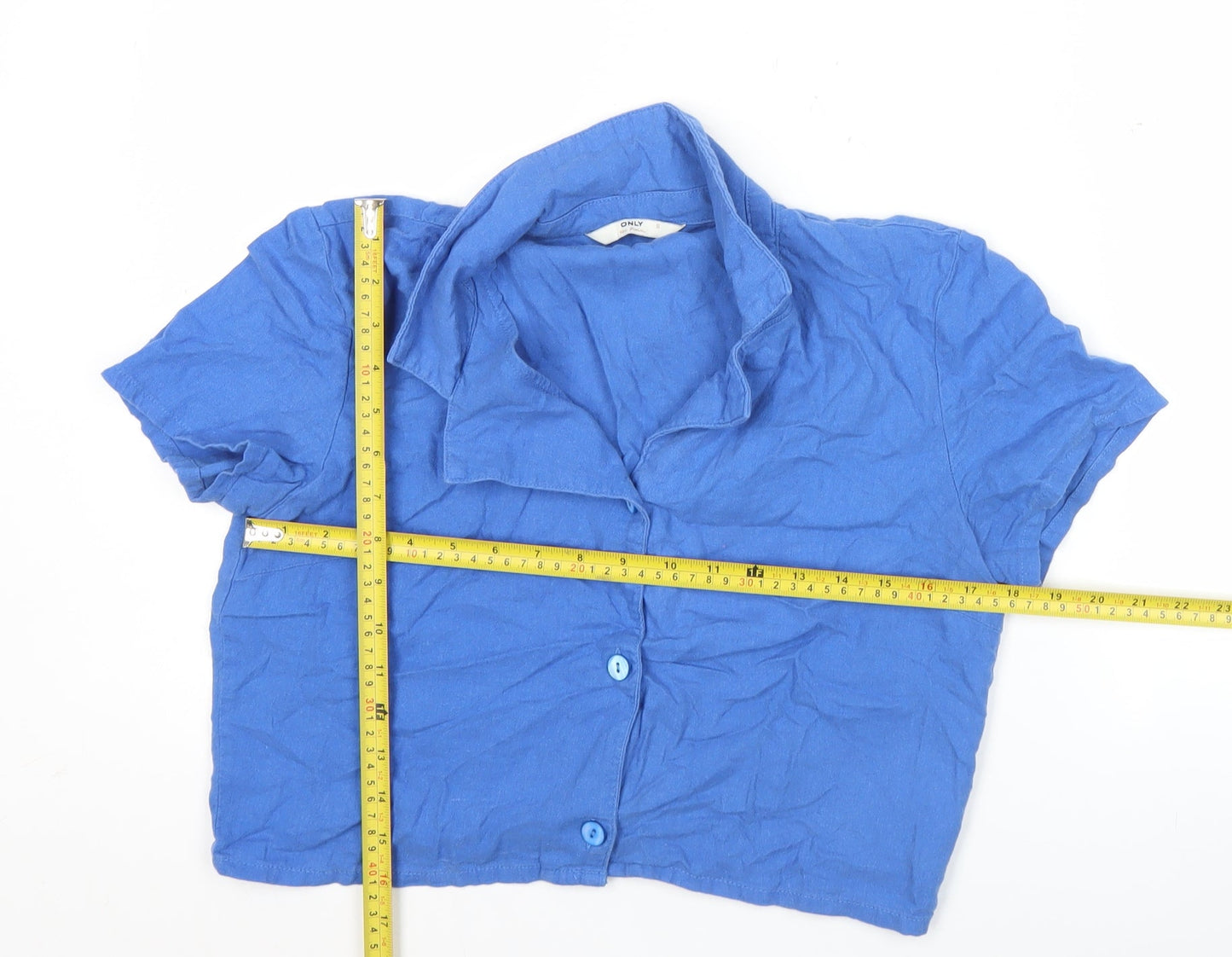 ONLY Womens Blue Cropped Button-Up Shirt Linen Blend Size S