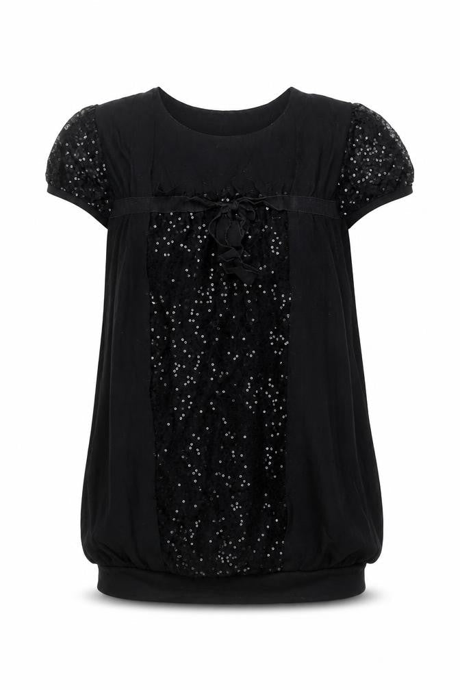 SooLee Women Black Sequin Tunic Blouse S Short Sleeve Party Top