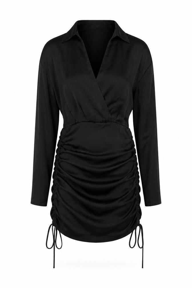 Zara Womens Black XS Wrap Mini Dress Ruched Long Sleeve Party