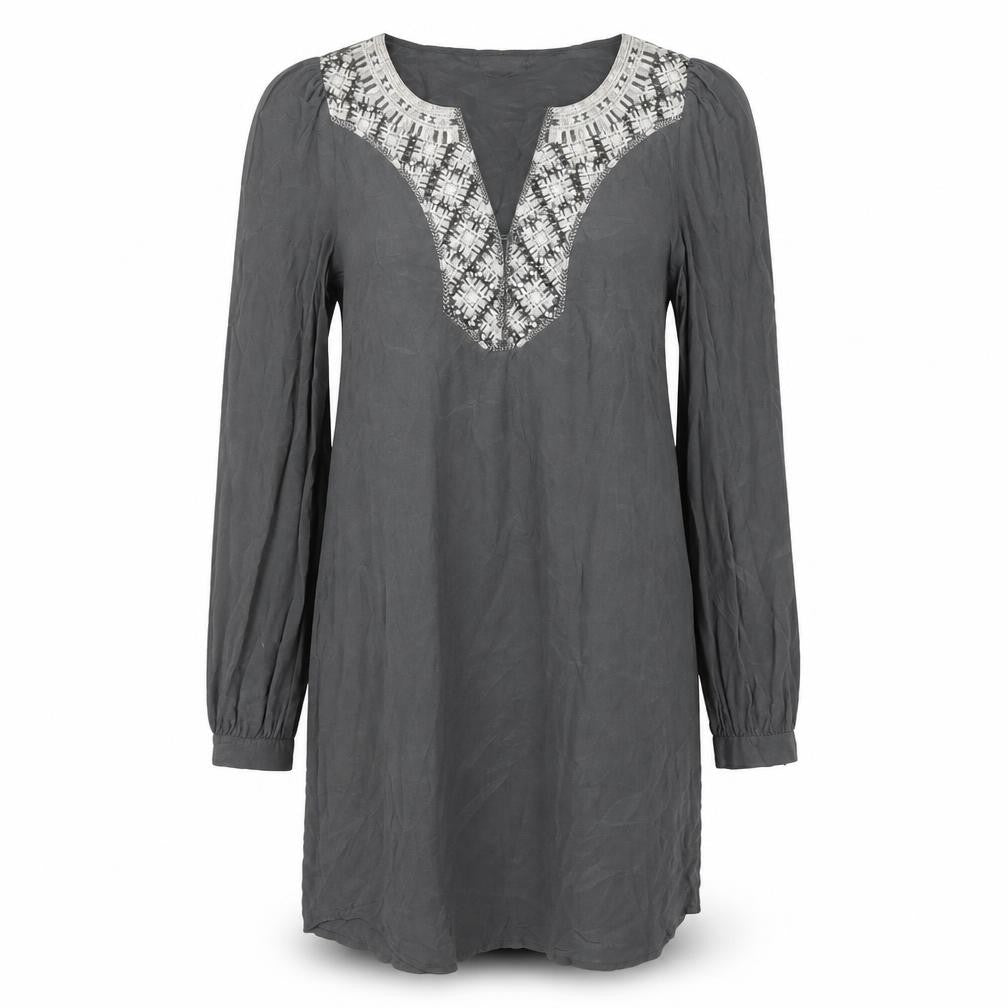 Warehouse Women’s Grey Silk Shift Dress UK 12 Long Sleeve V-Neck Embroidered