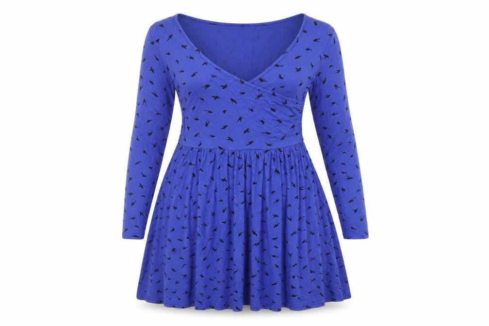 Front view of ASOS Petite Women’s Blue Bird Print Skater Dress, size UK 10