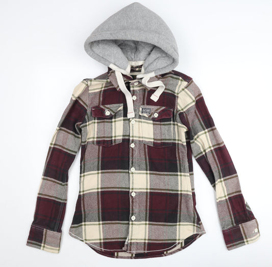 Superdry Mens Red Plaid Hooded Shirt Jacket Size L Casual Cotton