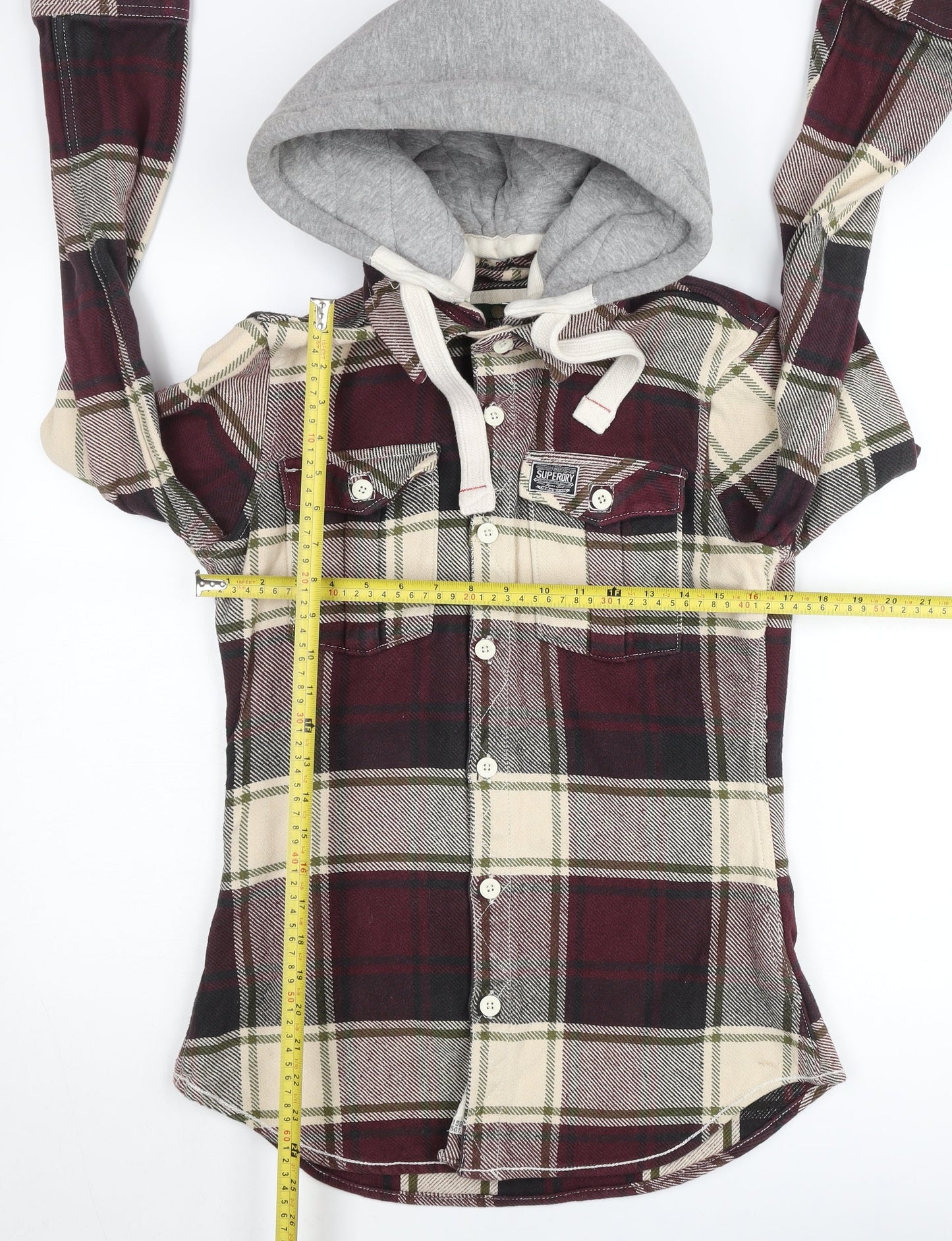 Superdry Mens Red Plaid Hooded Shirt Jacket Size L Casual Cotton