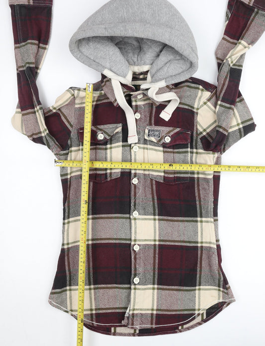 Superdry Mens Red Plaid Hooded Shirt Jacket Size L Casual Cotton