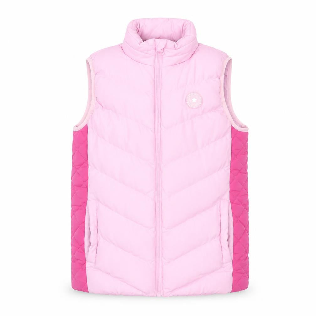 Front view of Threadgirls girls’ pink puffer gilet vest 9-10 years quilted waistcoat