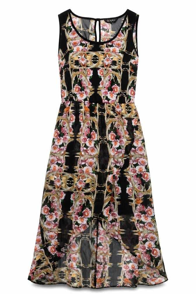 Front view of Miss Selfridge women’s black floral midi fit & flare dress, size UK 10