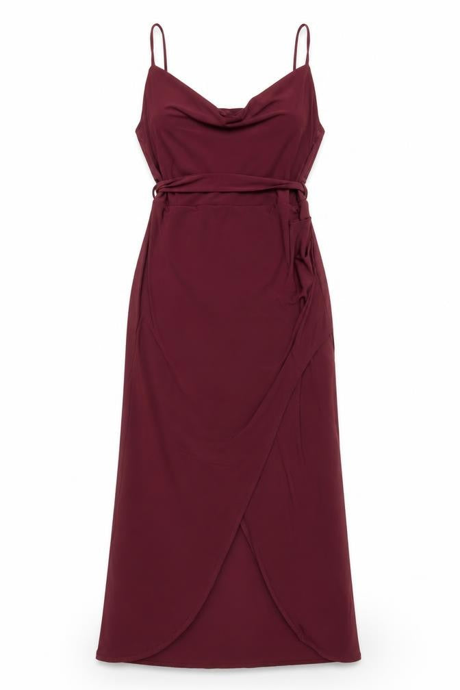 LOVE Women’s Red Size 12 Slip Maxi Dress Cowl Neck Belted