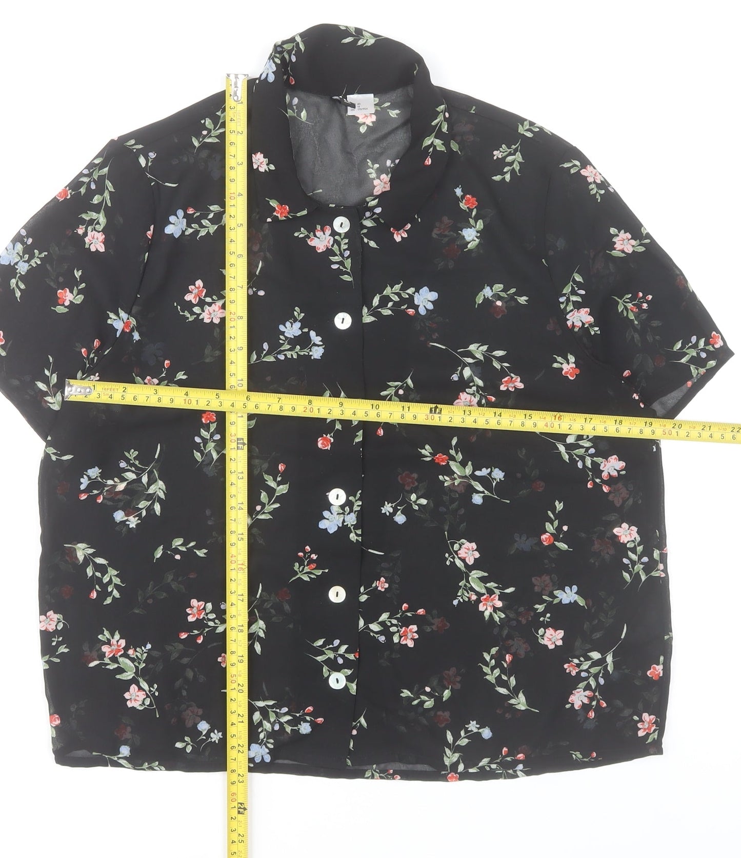H&M Women’s Black Floral Button-Up Chiffon Shirt Top Size 12