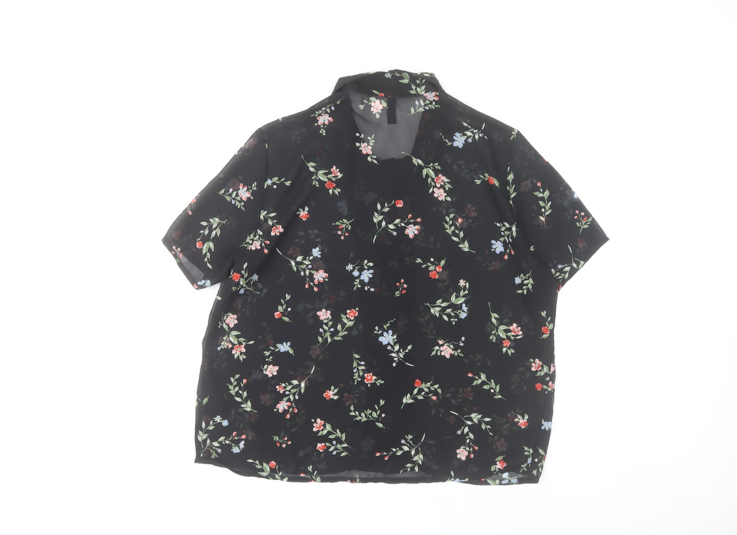 H&M Women’s Black Floral Button-Up Chiffon Shirt Top Size 12