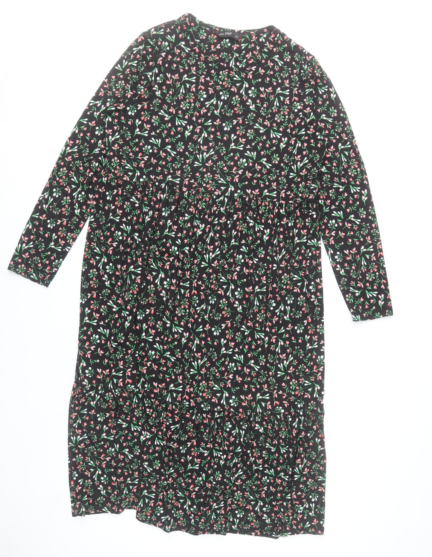 F&F Womens Black Floral Midi Dress Size 16 Long Sleeve Casual