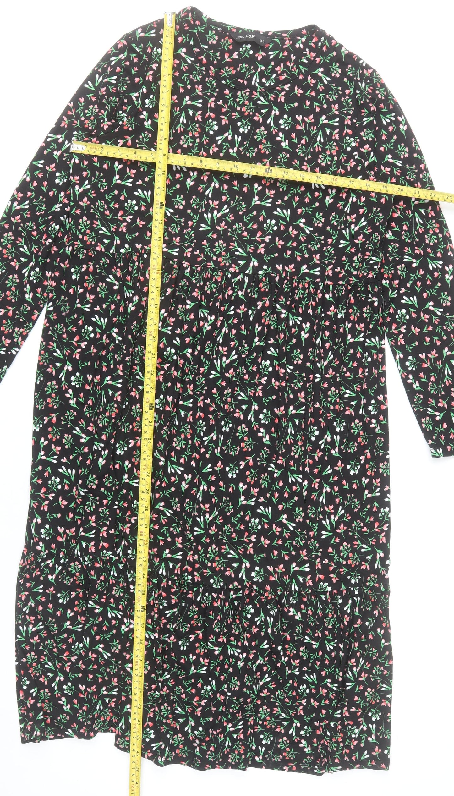 F&F Womens Black Floral Midi Dress Size 16 Long Sleeve Casual