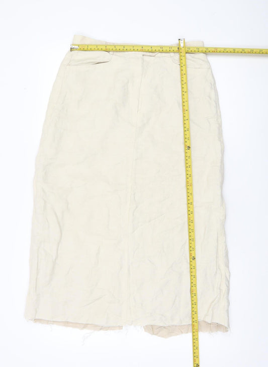 DAKS Women Beige Linen Midi Pencil Skirt Size 14 Workwear