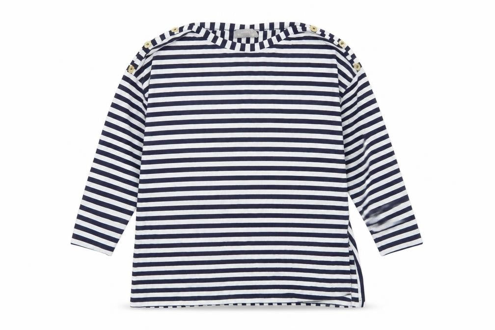 Maria Bellentani Women’s Blue White Striped Boat Neck 3/4 Sleeve Top L