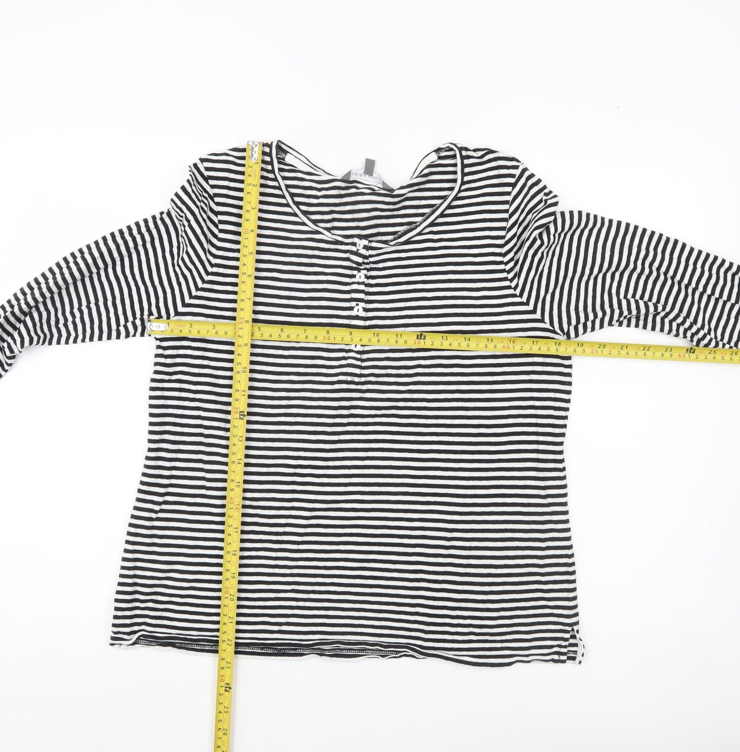 Laura Ashley Women’s Black White Striped Long Sleeve Henley T-Shirt UK 16