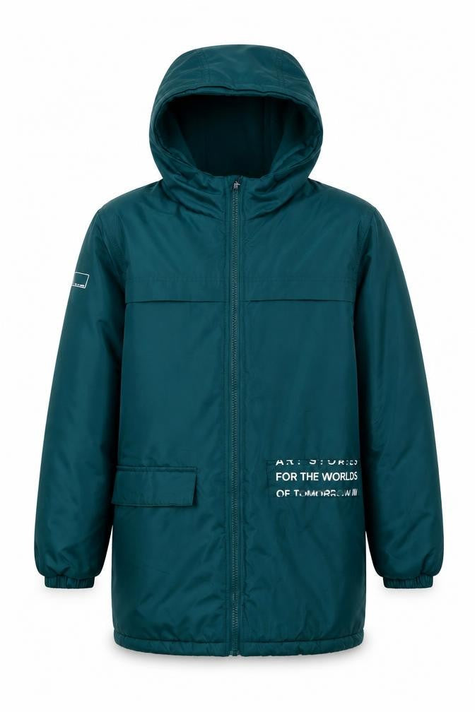 Front view of Lincoln & Sharks boys’ green hooded parka coat, size 11, years winter jacket