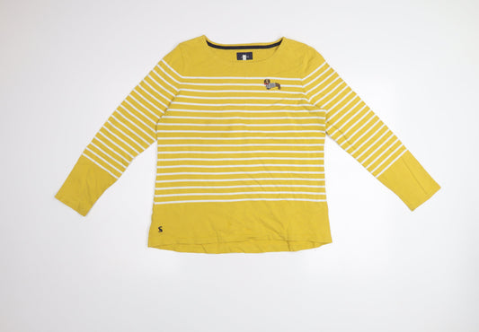 Joules Women Yellow Striped Dog Embroidered Cotton T-Shirt UK 14
