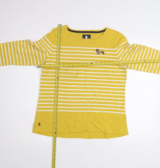 Joules Women Yellow Striped Dog Embroidered Cotton T-Shirt UK 14