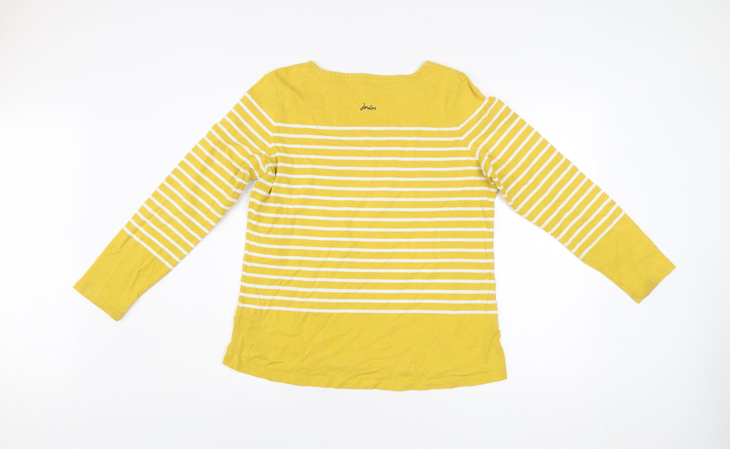 Joules Women Yellow Striped Dog Embroidered Cotton T-Shirt UK 14