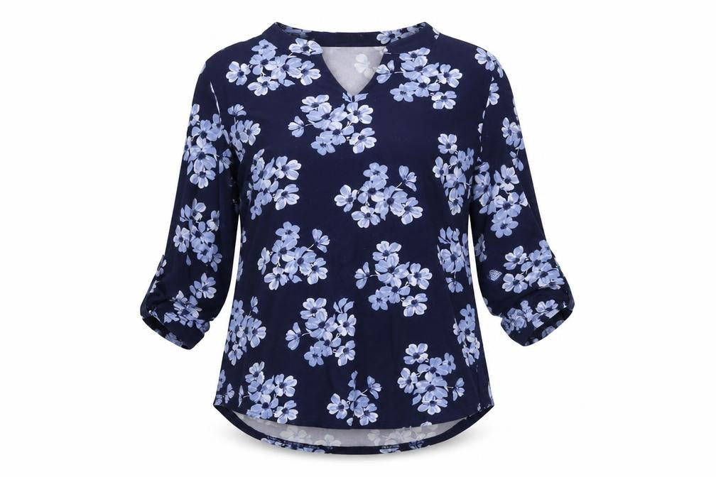 Ellie B Womens Blue Floral Tunic Blouse Size S 3/4 Sleeve V-Neck