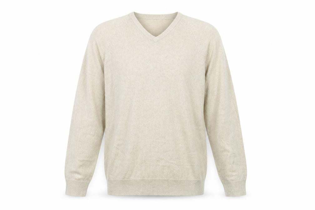 Front view of BH Men’s Beige V-Neck jumper Medium Acrylic Knit
