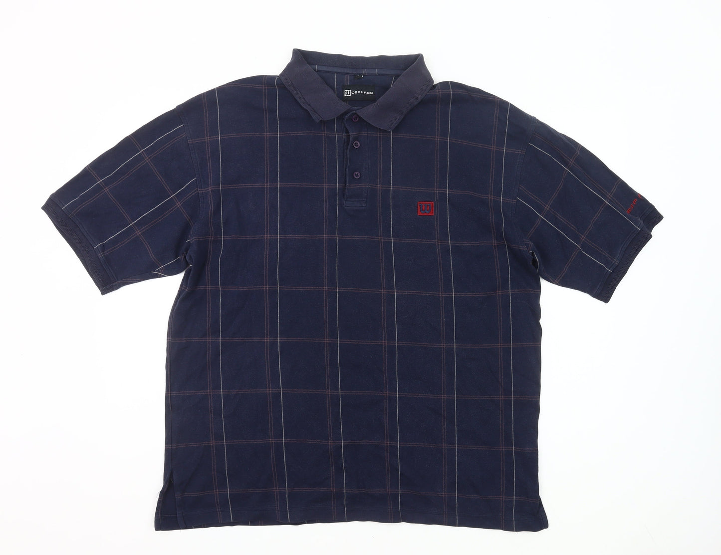 Deep Red Men’s Blue Checked Polo Shirt Size L Cotton Casual