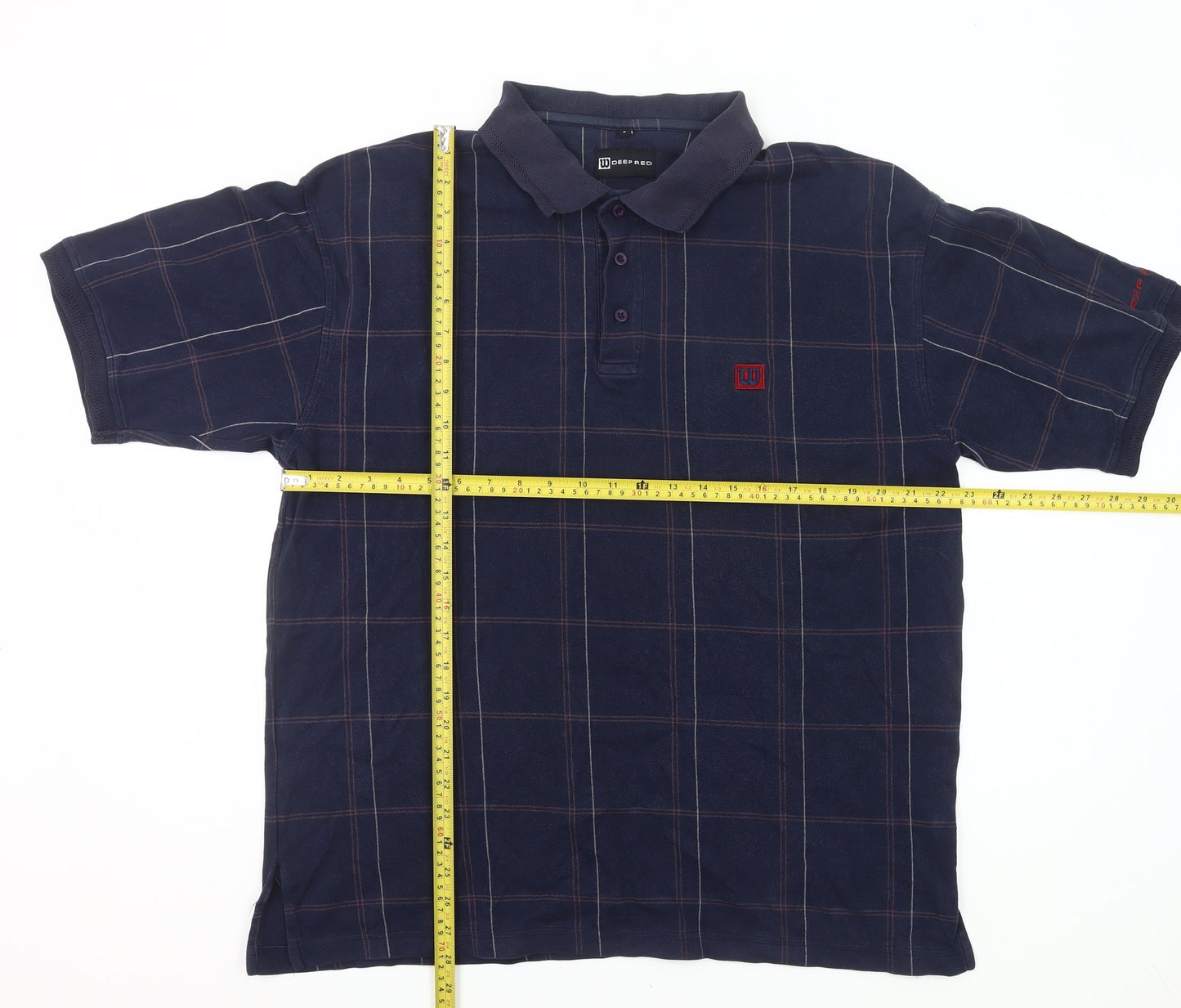 Deep Red Men’s Blue Checked Polo Shirt Size L Cotton Casual