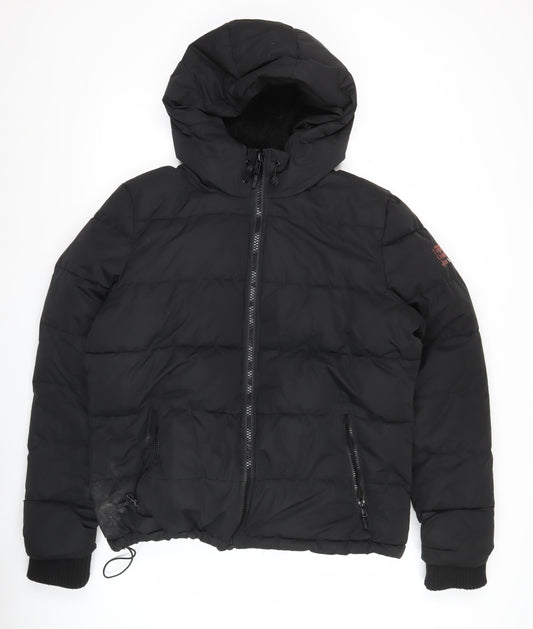 Superdry Womens Black Puffer Jacket Size 16 Hooded Winter Coat